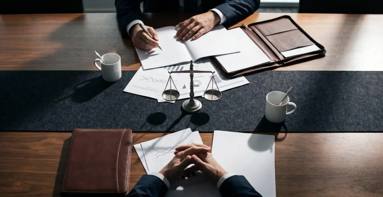 Strategic business discussion with documents and analysis materials on modern conference table