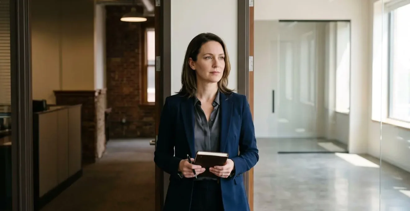 Person standing at threshold between two business spaces symbolizing premises transition and notification timing