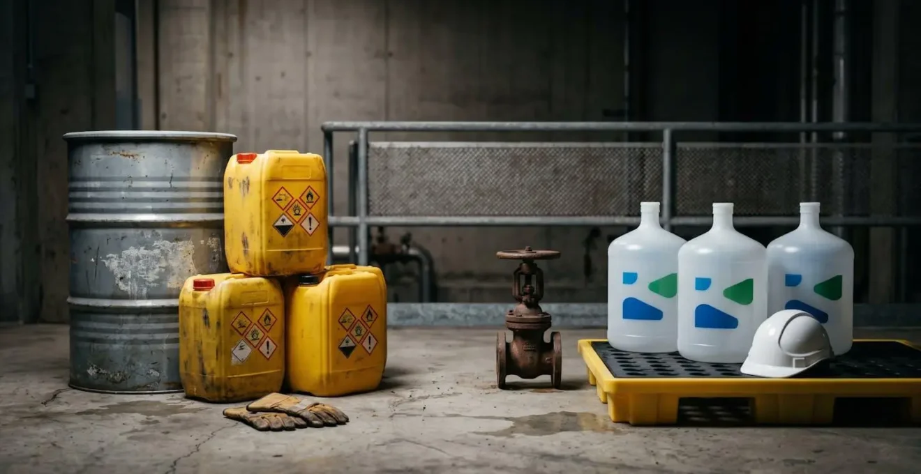 Symbolic representation of industrial chemical operations showing the critical importance of risk change communication in insurance