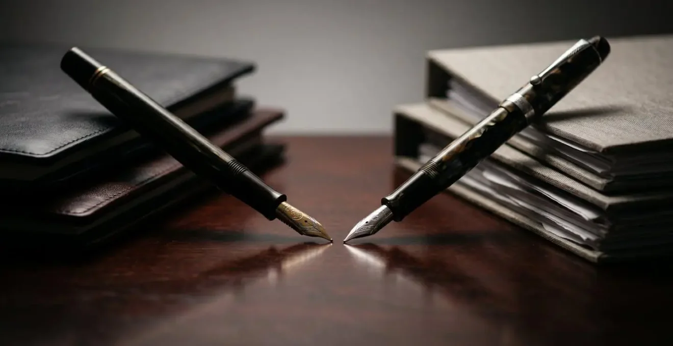 Abstract representation of divided loyalties in professional legal relationships, with two pens pointing in opposite directions.