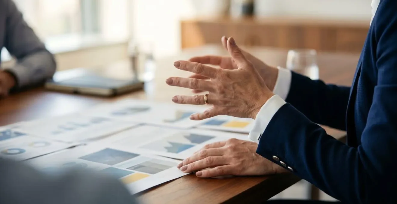 Close-up of hands analyzing documents during crisis management planning