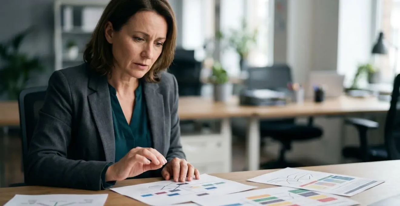 Business executive reviewing employee classification documents and payroll cost categories in a professional office setting