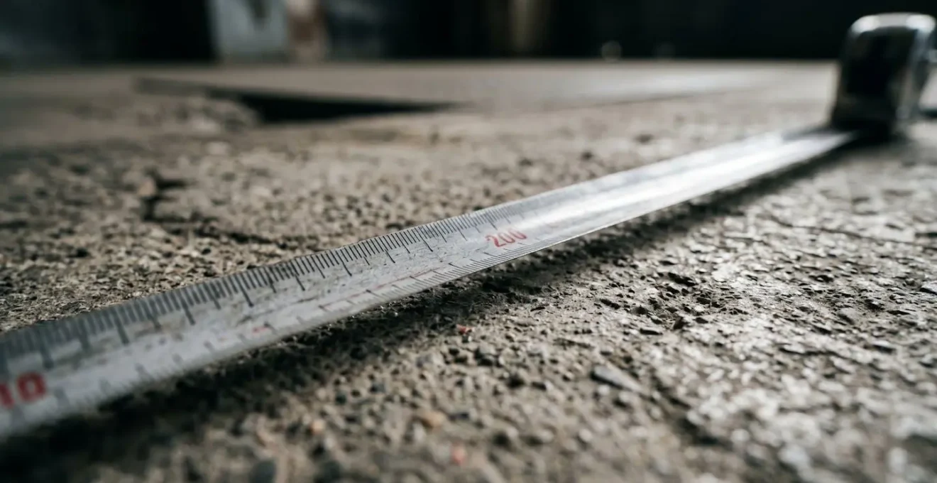 Forensic documentation of an accident scene, showing a measuring tape on an industrial floor to record precise details.