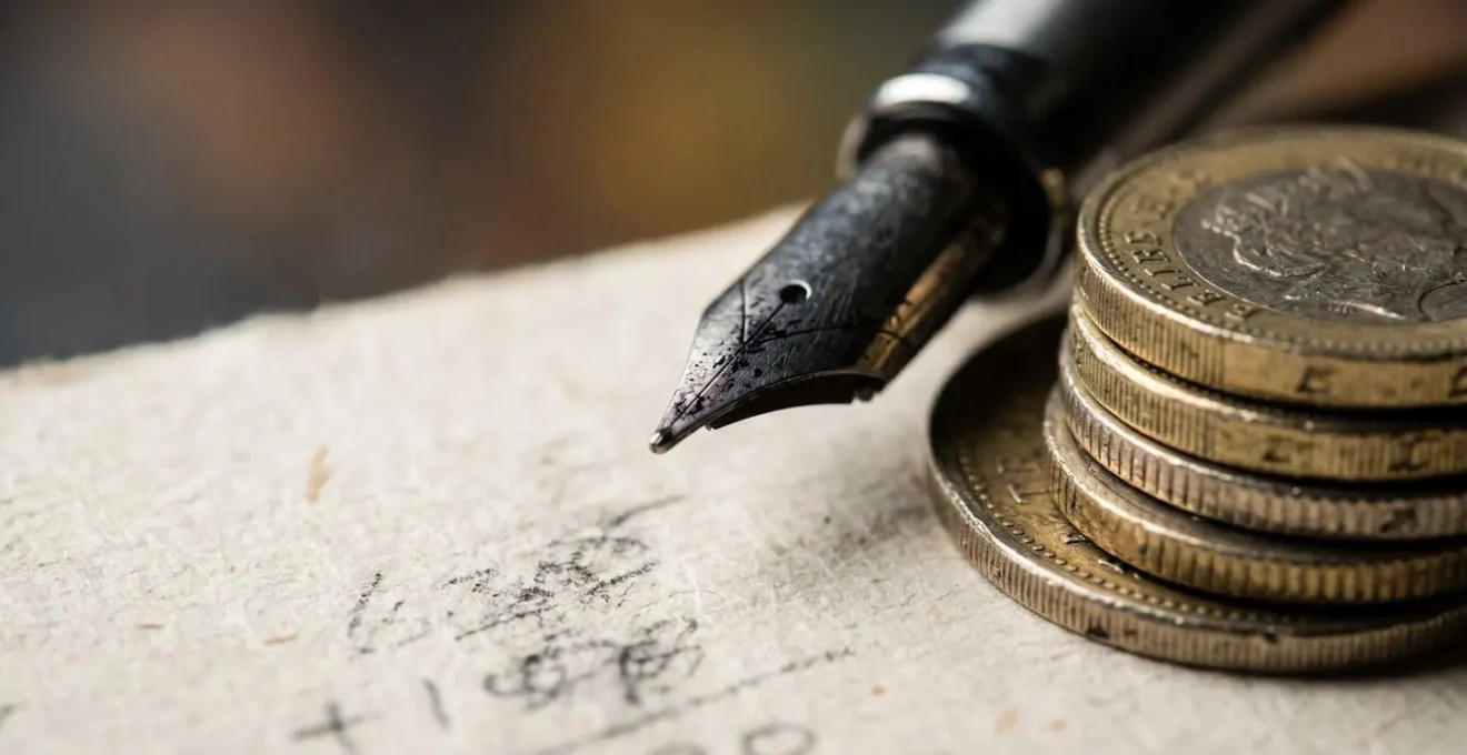A macro photograph showing financial planning tools like a pen, calculations, and coins, representing the meticulous detail of stress-testing a health insurance policy.