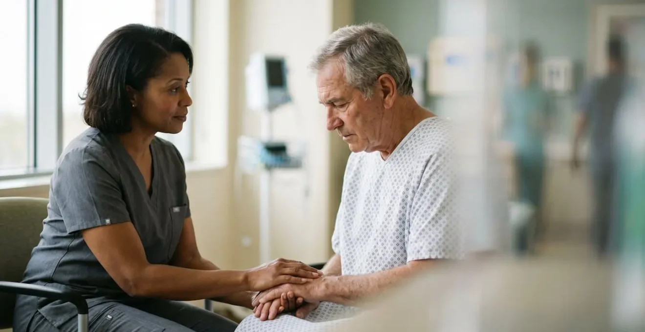 Medical consultation setting showing professional interaction in soft natural lighting