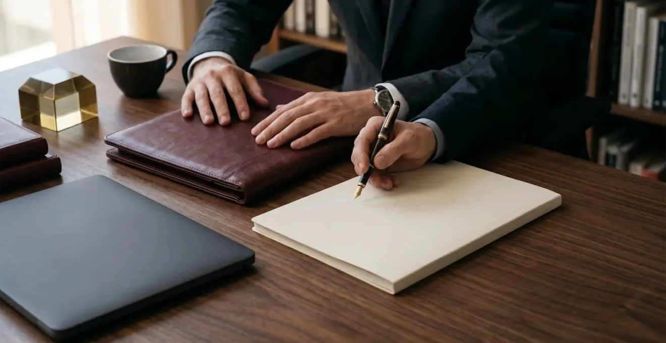 Insurance professional reviewing comprehensive risk documentation in modern office setting