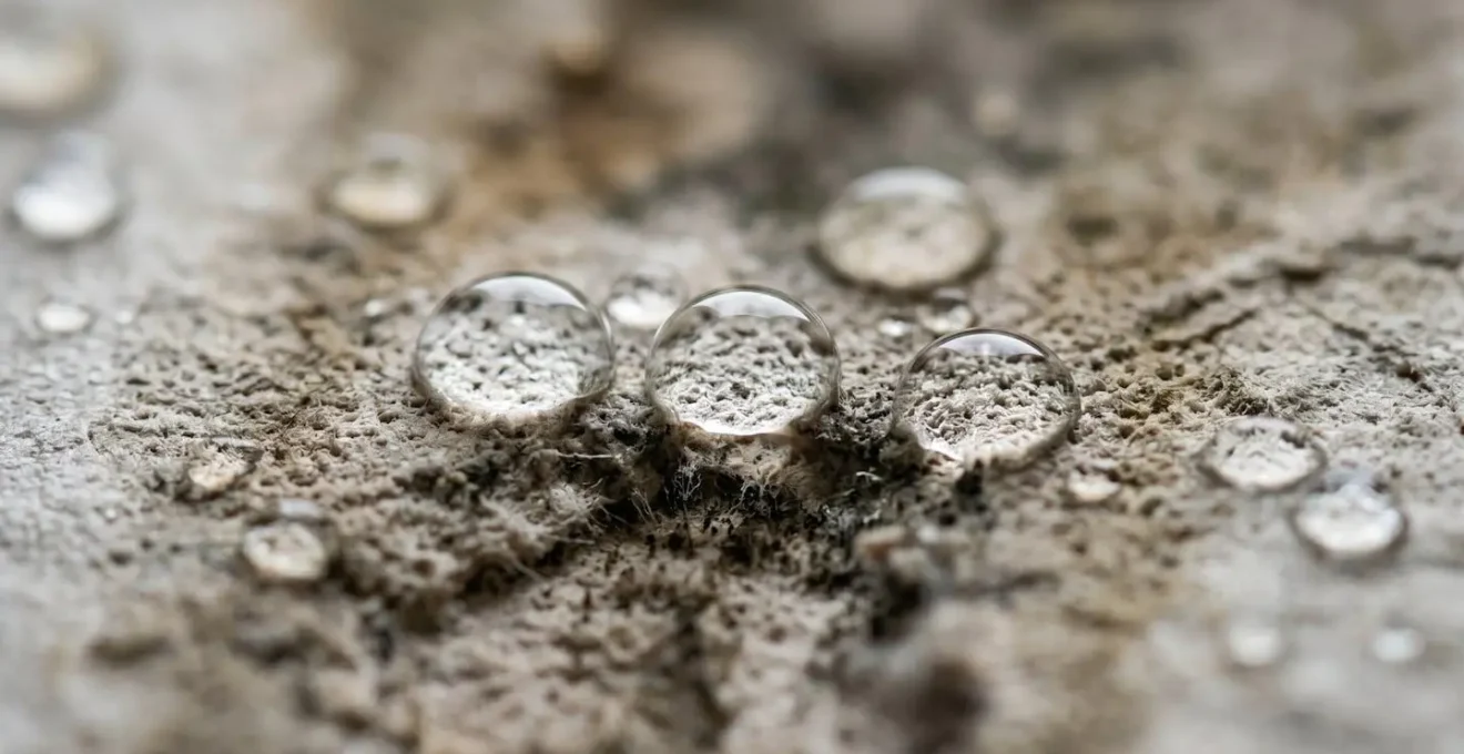 A macro close-up of water droplets on a porous surface with early mold growth, symbolizing the critical 48-hour mitigation window.