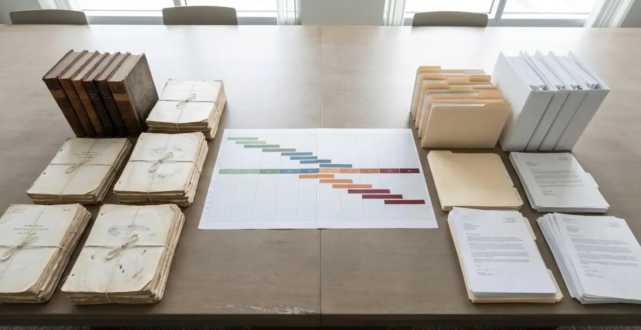 Meticulously organized business financial records and contemporary evidence arranged on conference table