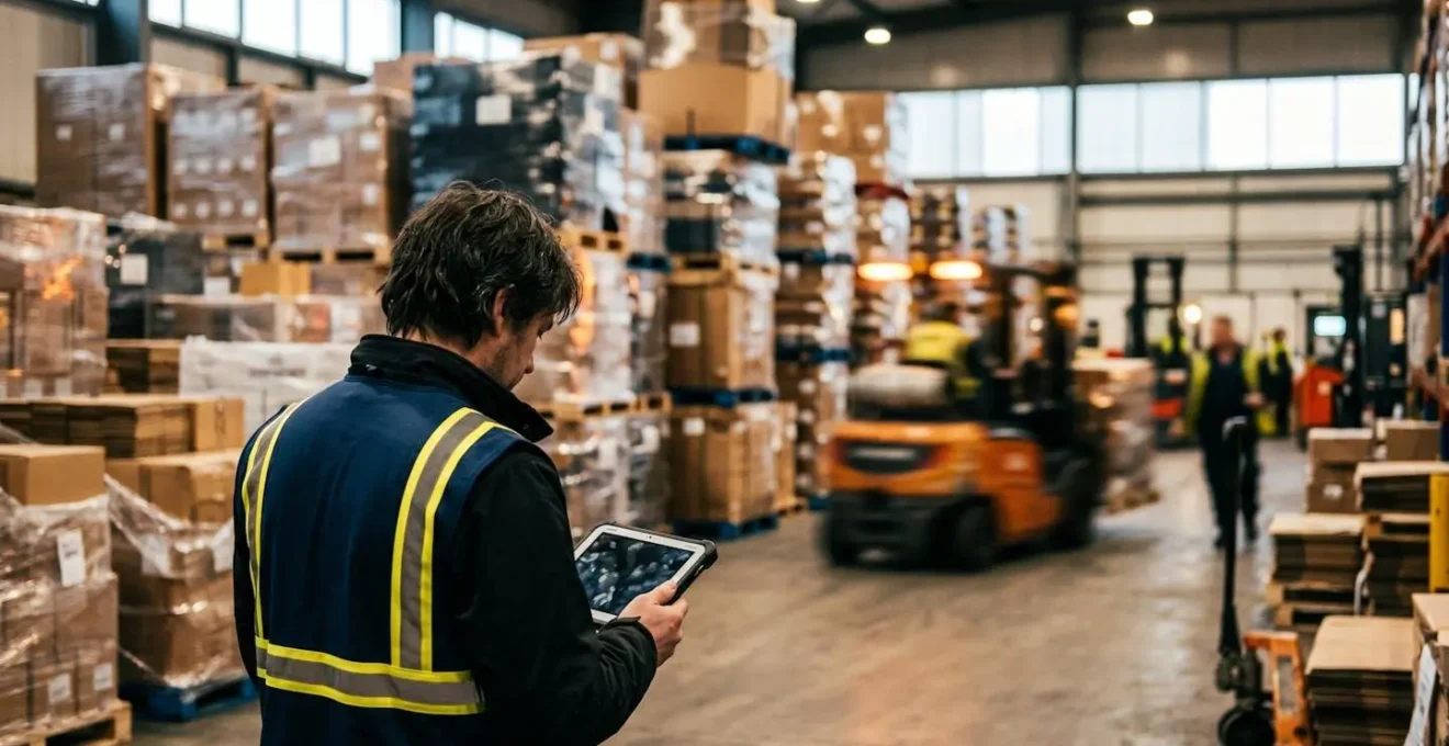 Distribution warehouse during peak season showing high inventory levels and increased activity