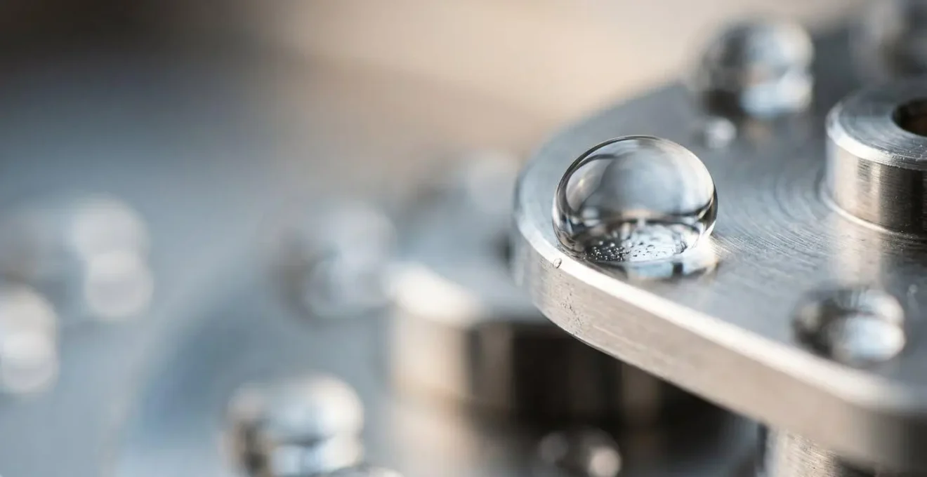 Close macro detail of water droplets and precision mechanism components representing automated preventive intervention