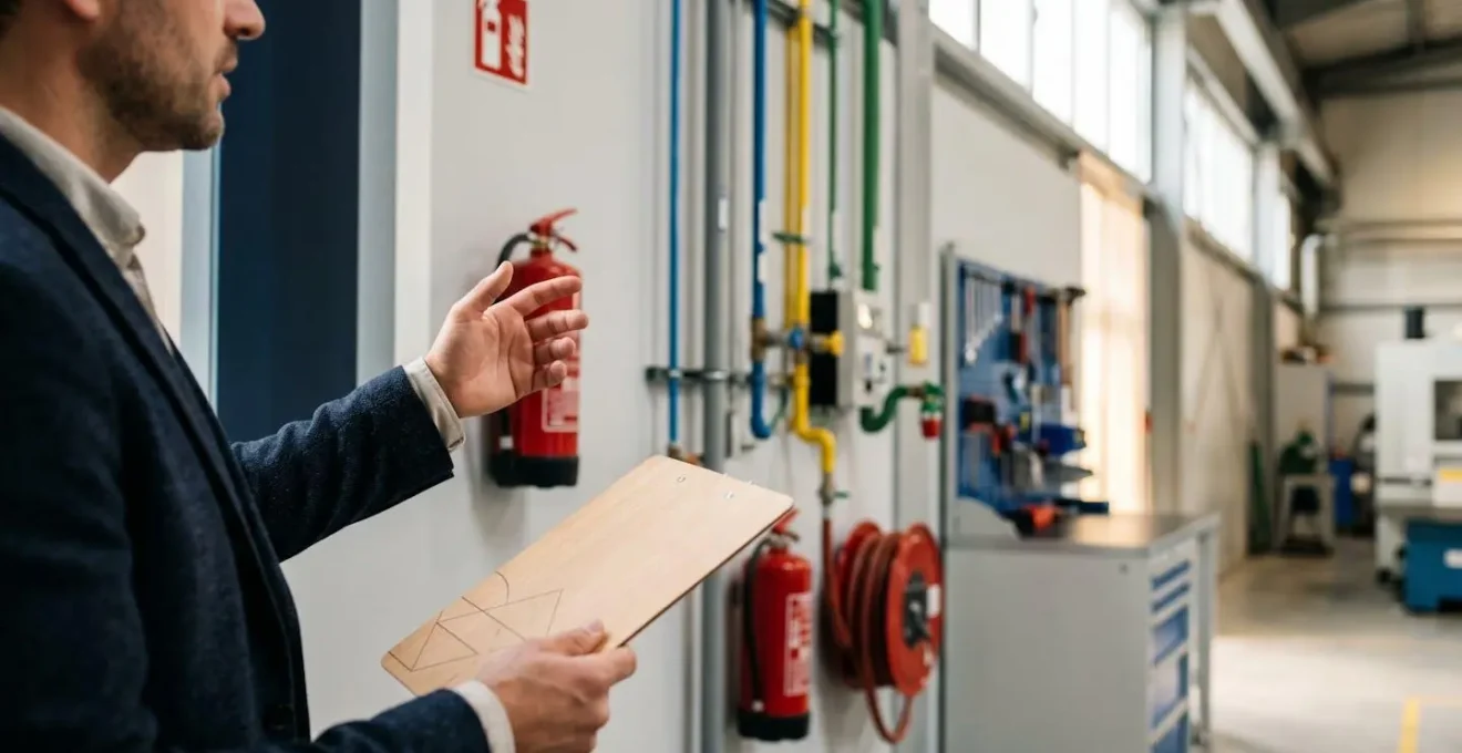 Well-maintained industrial facility showing safety equipment and organized workspace from surveyor perspective