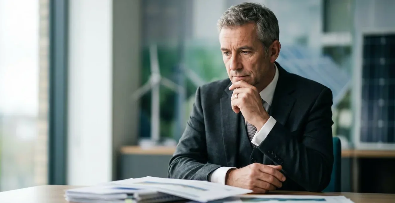 Thoughtful renewable energy executive reviewing technical grid upgrade documentation in natural office light