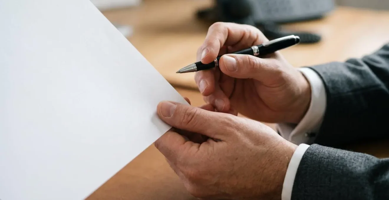 Close-up detail of professional hands reviewing critical legal documentation with focused contemplation