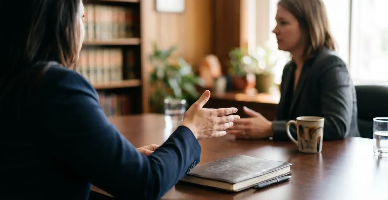 Professional legal consultation between solicitor and client in modern law office