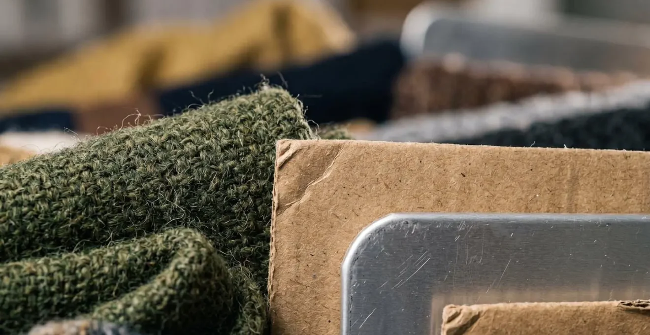 Close-up macro view of stacked inventory items showing seasonal stock variations in industrial setting