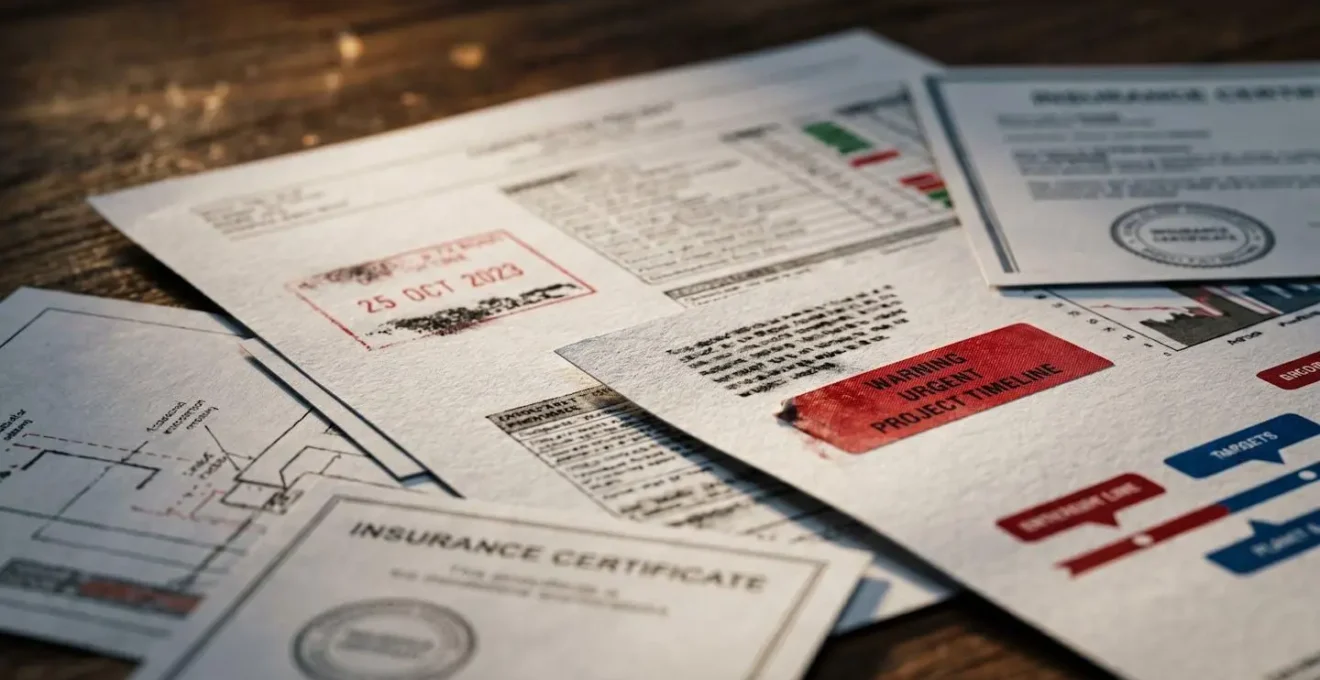 Close-up of construction documentation with insurance certificates showing progressive timeline and coverage gaps