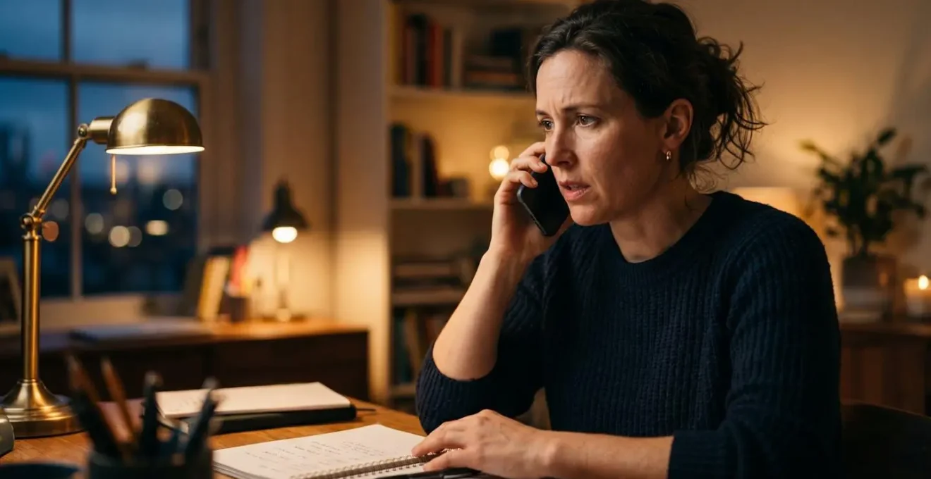 Business professional making urgent phone call for legal advice during evening hours
