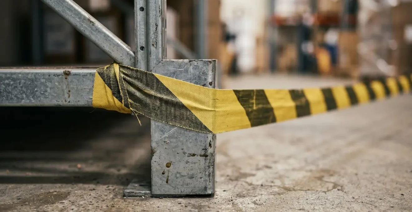 Industrial warehouse with physical barriers separating damaged and operational areas during loss adjuster inspection